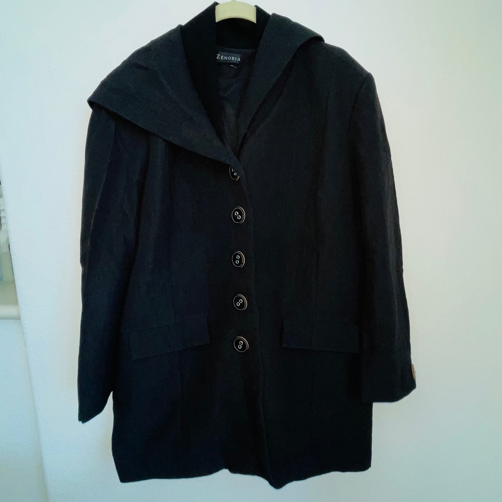 Zenobia Womens Hooded Button Front Jacket Textured Black Longline Made in Canada